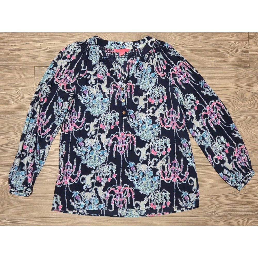 Lilly Pulitzer Elsa Silk Top Shirt Navy Blue Pop Up Monkey Trouble, Size Small